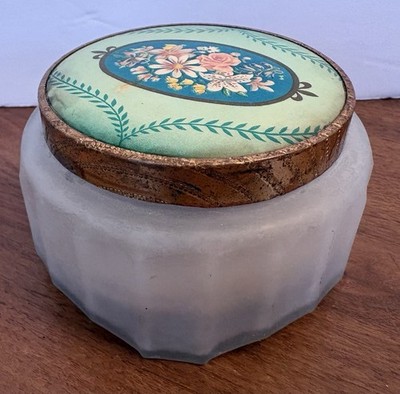 Vintage Glass Vanity Jar with Metal Floral Lid Powder Jar