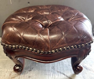 Maitland-Smith Tufted Leather Mahogany Base Bronze Nail Trim Small Foot Stool