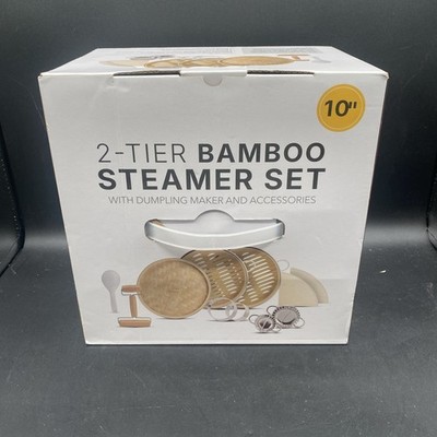 NEW 2-Tier Bamboo Steamer Set w/Dumpling Maker and Accessories - 10 Inches