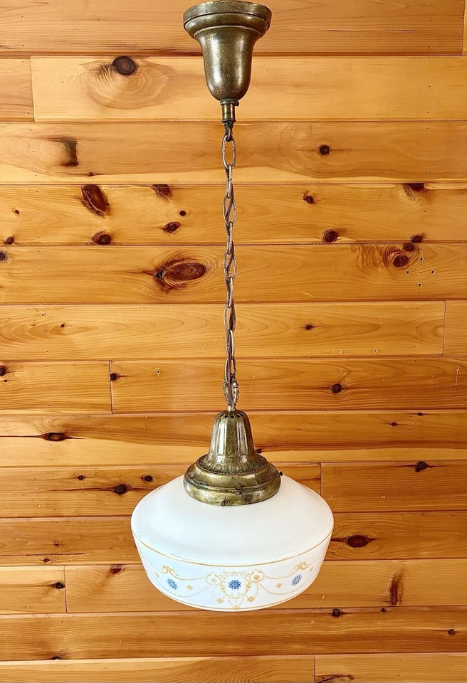 Antique 1910s 20s Schoolhouse Opal Glass Pendant Brass Light Fixture Chandelier - Image 4 of 4