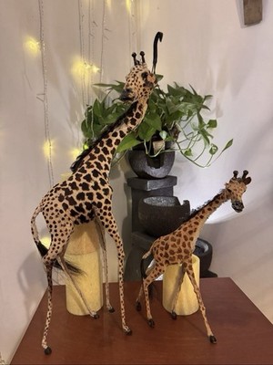 Handcrafted African Giraffe Animal Sculptures Leather Hide Set of 2