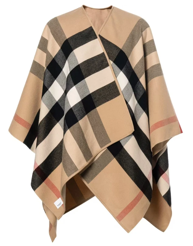Poncho para mujer Burberry FW20 reversible a cuadros de lana caqui Foto 2 de 4
