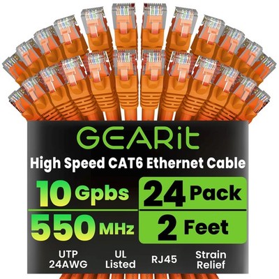 24 PCS Cat6 Ethernet Cable 2 FT Orange 10Gbps Snagless GoldPlated PC