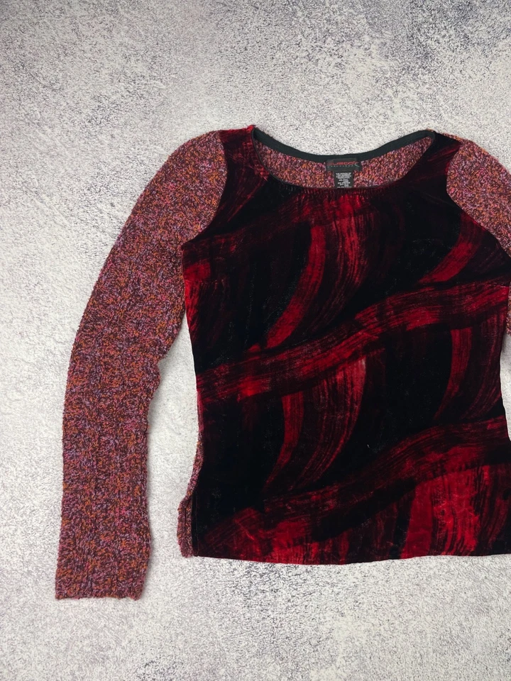 Top tejido terciopelo artístico Y2K Custo Barcelona para mujer rojo púrpura lana abstracta seda Foto 3 de 4
