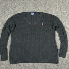 Polo Ralph Lauren Cable Knit Sweater Women XS Black Pima Cotton V-Neck Preppy