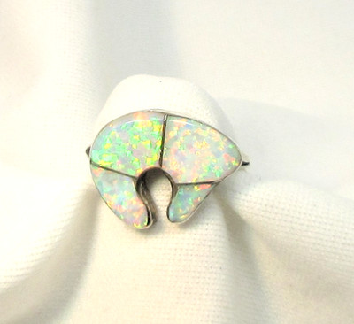 Native American Navajo Sterling Silver Lab Opal Inlay Bear Ring Size 7 1/2 #41