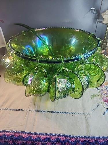 VTG Indiana Harvest Grape Carnival Glass Iridescent Green Punch Bowl Set 12 Cups