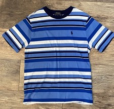 Youth Boys Polo Ralph Lauren Blue White Stripe Shirt Tee Size M 10-12
