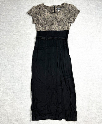 Vintage All That Jazz Women's Size S/6 Maxi Belt Gray Floral Black Dress 80/90s
