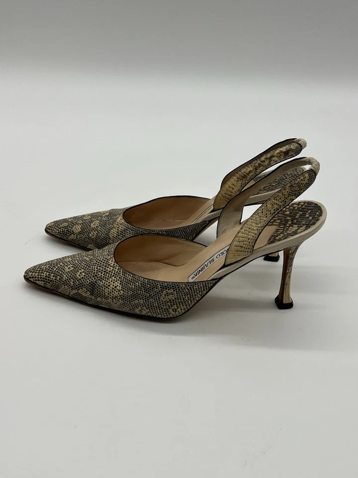 Manolo Blahnik Carolyne Mujer 37 EE. UU. 6,5 Cordones Marfil Lagarto Punta Tacones Foto 4 de 4