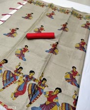 Indian Women's Khadi Cotton Printed Saree With Unstitched Blouse Festive Sari