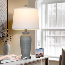 25" Grey Farmhouse Touch Table Lamps with USB Ports  AC Outlet - LED Included
