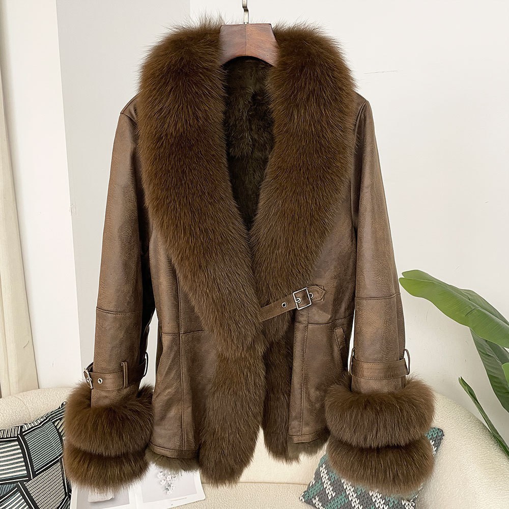 Womens Real Fox Fur Big Collar Rabbit Fur Lined Mid Long Parka Overcoat Coat