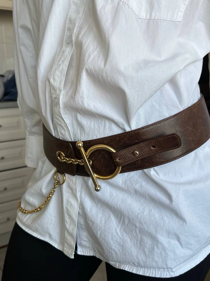 MARNI Belt Womens Large Leather Brown Gold Meal Details Ring Buckle Chain Italy - Image 3 of 4