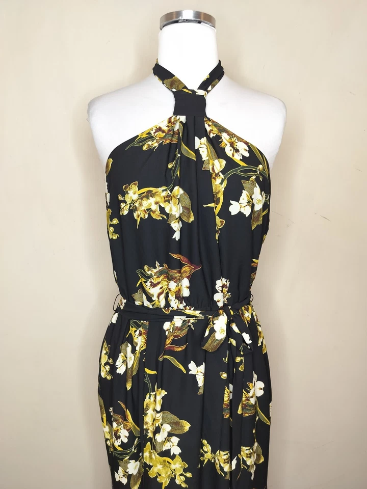 New York & Company Floral Halter Maxi Dress Size Large Black Yellow Flowy NWT - Image 2 of 4