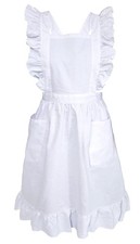 Long Maxi Cotton Ruffle Apron with Pockets, Small to Plus Size Ladies White