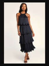 NWT Lulus Tier and Far Navy Blue Tiered Pleated Halter Midi Dress Retail $88.00