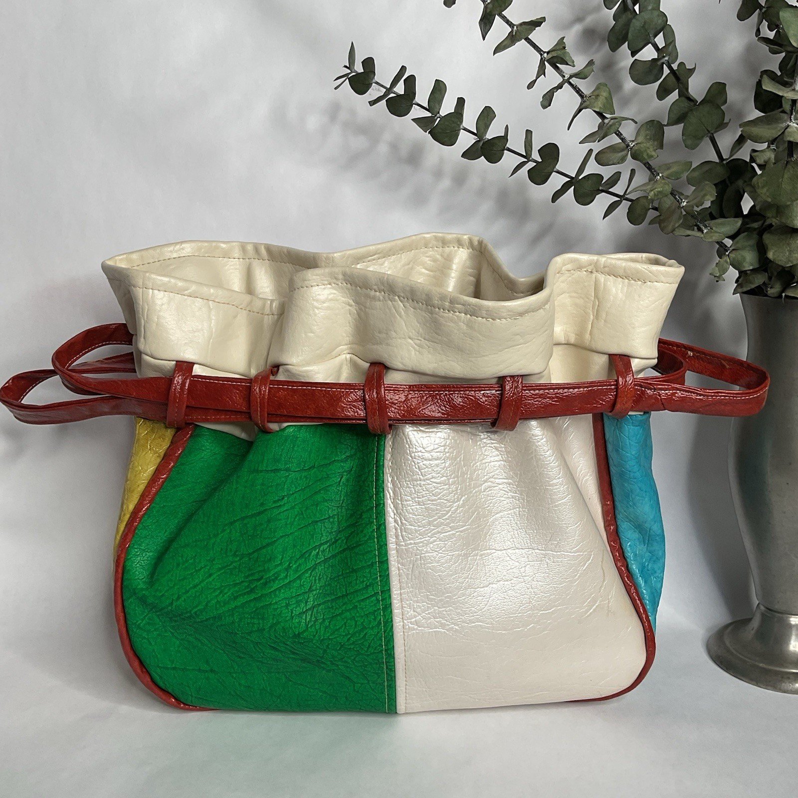 1960s 1970s Multi Colored Patchwork Drawstring Bu… - image 12