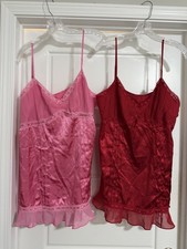 Lot 2 Valerie Stevens Intimates Short Nightgowns RED  PINK Ribbon Adj Straps