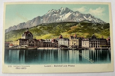 Alte Postkarte - Luzern - Bahnhof und Pilatus