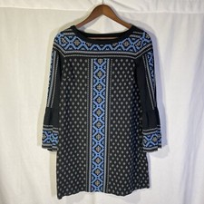 ANN TAYLOR LOFT black blue white geometric long sleeve woven mini dress S