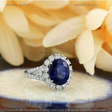 14K White Gold Plated 2.50Ct Oval Lab-Created Blue Sapphire Halo Engagement Ring