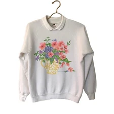 Vtg 90s Floral Theme Collared Crewneck Sweatshirt Grandma Sweater Women’s L