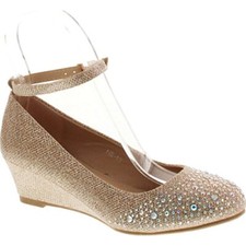 Top Moda Women's Wedge Glitter Rhinestone Round Toe Adjustable Ankle Strap Shoes