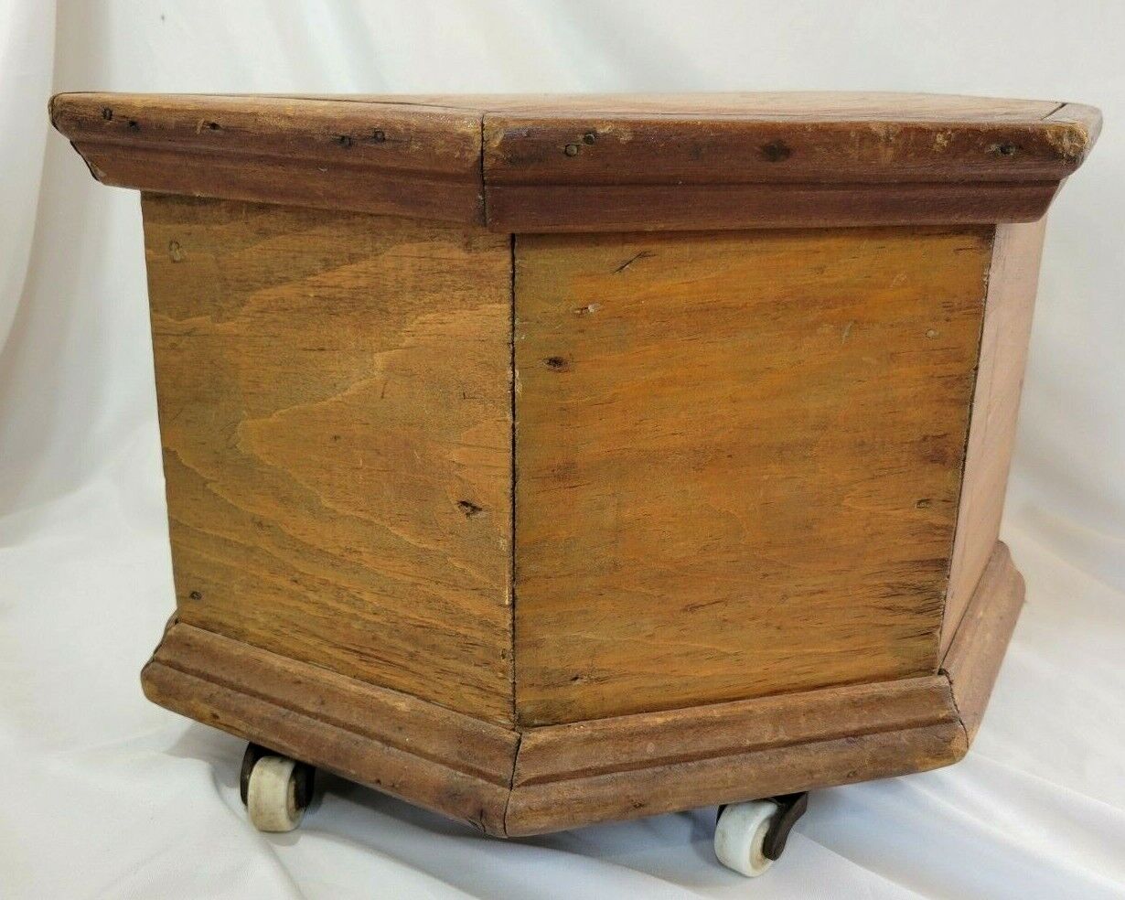 Primitive Antique 7 Sided Wooden Box with Castor wheels 