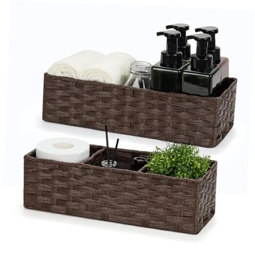 Narrow Hand-woven Wicker Storage Bins Small Narrow Set-2 Pcs Reddish-brown