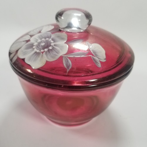 Zipf’s Candies Reading PA Hand Painted Cranberry Glass Lidded Candy Dish Floral - Picture 9 of 13
