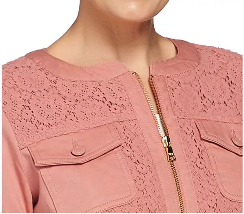 Denim & Co. Mauve Med Long Sleeve Denim Jacket with Lace Front Detail A275877