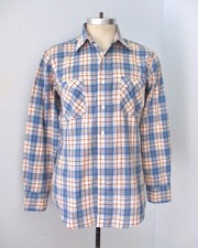 Vtg 70s 80s Saturdays in California Blue Plaid Polycotton Shirt 2-Pocket L