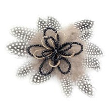 Large Guinea Fowl Feather and Beaded Flower Brooch  Clip