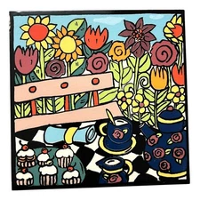 Hand Painted Floral Ceramic Tile Trivet Tea Party Scene Cork Back Decorative 6x6
