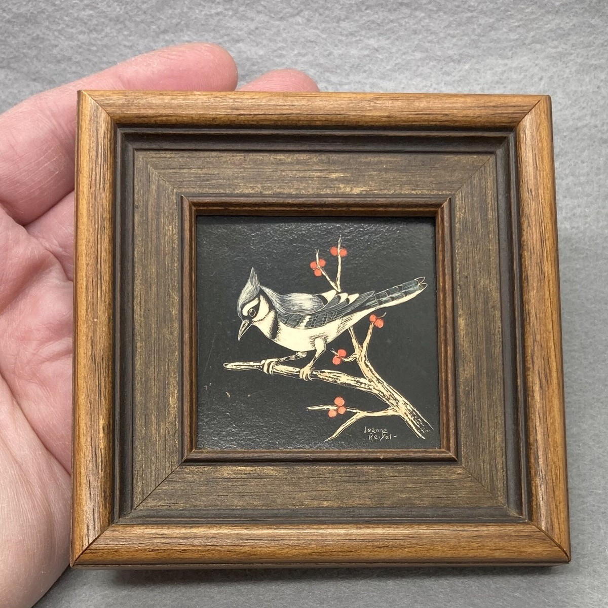 Vtg Jeanne Reifel Blue Jay Bird Flowers Scratchboard Small Art