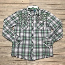 Roar Shirt Men Slim Fit Shirt Large Green Plaid Long Sleeve Embroidery Button Up