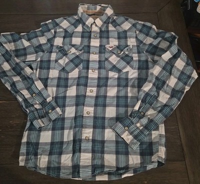 Hollister Men's Plaid Button Down Shirt Long Sleeves Collar Neck Blue Size L 