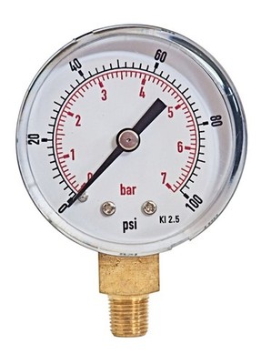 Manometer 50mm Zifferblatt 1/8 BSPT unten 0/100 PSI & 0/7 Bar 2,5% Acc.