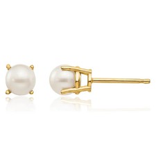 14K Solid Yellow Gold 4.5mm Round Freshwater Cultured Pearl Stud Earrings