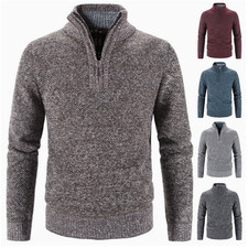 Mens Fleece Lined Sweater Half Zip Mock Neck Thick Warm Winter Knit Pullover