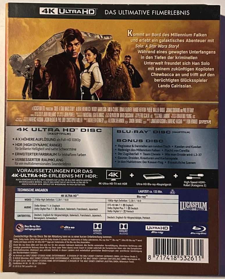 Solo - A Star Wars Story | Blu-ray + 4K Ultra HD | Audio DE/FR/EN/IT/JP | Zone B - Photo 2/2
