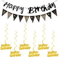Geburtstag Deko Set Happy Birthday Banner Wimpelkette Spiralen Schwarz Gold