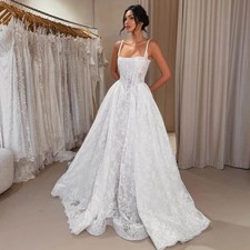 Two Straps Wedding Dresses Full Lace Applique A line Sweep Train Bridal Gowns