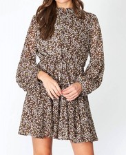 She + Sky Long Sleeve Woven Button Up Dress Brown