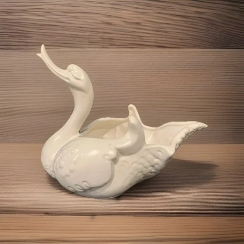 Vintage MCM HULL Pottery White Ceramic Swan Planter Trinket Dish 8.5” Tall