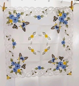 Tablecloth Butterfly Flowers Leaves Blue Yellow Green Cut Out Corners 34" X 34"