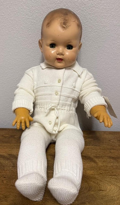 27'' late 1940's stuffed latex doll Hard plastic head some deterioration see pics