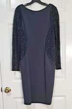VERA WANG Navy Blue Ponte Knit & Black Lace Long Sleeve Sheath Dress 10