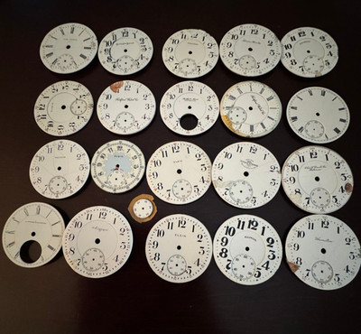 20 PACK VINTAGE VARIES AMERICAN POCKET WATCH DIALS MOSTLY 16 -18 SIZES